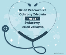 Grafika z niebieskim sercem z okazji Dnia Pracownika Ochrony Zdrowia i Światowego Dnia Zdrowia