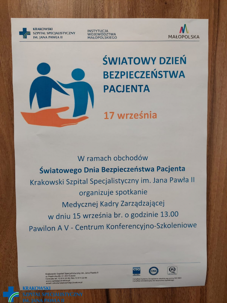 Plakat z Okazji Światowego Dnia Pacjenta w Krakowskim Szpitalu Specjalistycznum im. Jana Pawła II