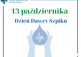 Grafika 13 października Dzień Dawcy Szpiku dwie dłonie trzymające kroplę krwi