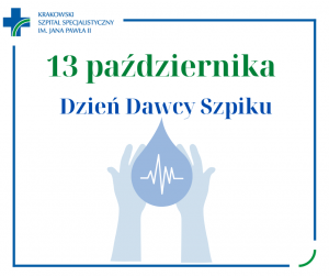 Grafika 13 października Dzień Dawcy Szpiku dwie dłonie trzymające kroplę krwi