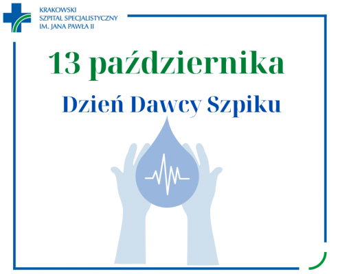 Grafika 13 października Dzień Dawcy Szpiku dwie dłonie trzymające kroplę krwi