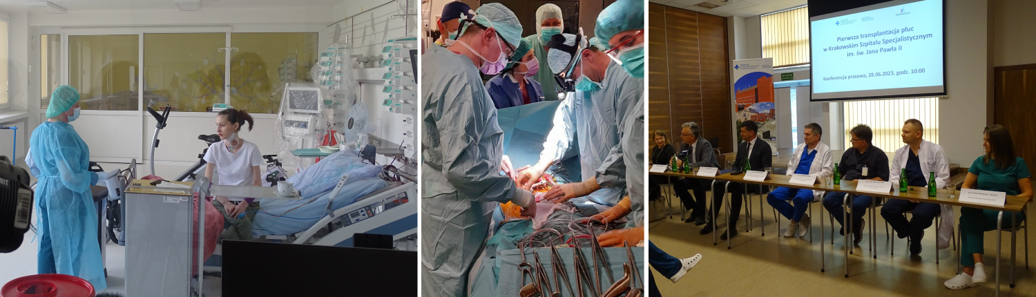 Kolaż zdjęć - pacjentka po przeszczepie płuc w sali operacyjnej, zespół wykonujący transplantację płuc, konferencja prasowa z zespołem zajmującym się pacjentką