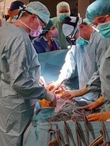 kolorowe zdjęcie na nim moment operacji transplantacji płuc, widzimy zespół zabiegowy