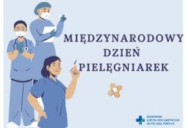 Grafika w niebieskich odcieniach przedstawiająca trzy pielęgniarki z napisem Międzynarodowy Dzień Pielęgniarek