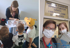 Kolaż dwóch zdjęć wolontariuszy na oddziałach dziecięcych