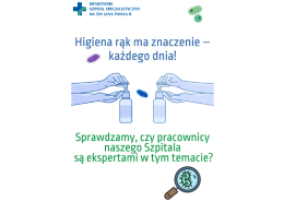 Biała grafika z kolorowymi elementami dot. higieny rąk.