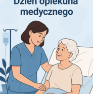 Grafika przedstawiająca opiekuna medycznego opiekującego się starszą pacjentką szpitala.