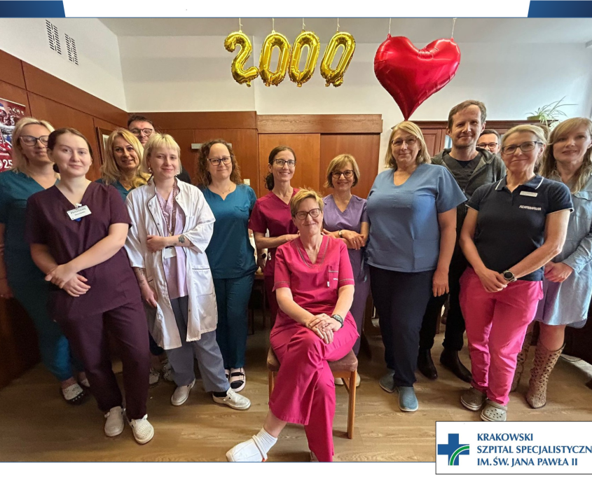 Na fotografii przedstawiono grupę lekarzy, fizjoterapeutów i psychologów wschodzacych w skład poradni prehabilitacyjnej w naszym szpitalu. W tle umieszczono 4 balony. 4 z nich układają się w liczbę 2000, ostani ma kształt serca. Całość odnosi się do 2000 pacjentów przyjętych w poradni w niecałe dwa lata.