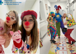 Wolontariusze Fundacji Dr Clown na korytarzu Oddziału Dziecięcego.